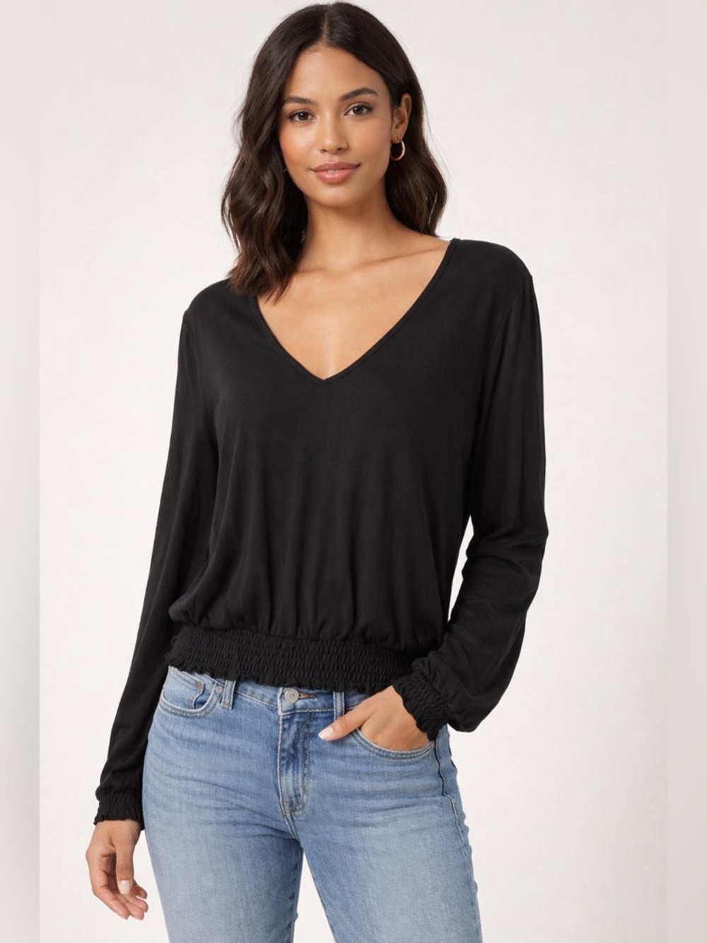 Michael Kors Black V-Neck Long Sleeve Smocked Hem Top size XL